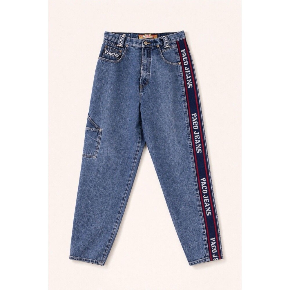 VTG Paco Jeans 90s Side Logo Tape Baggy Denim Pants 30/32 Y2K Streetwear Rave